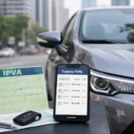 carro estacionado com o documento do veículo e um celular exibindo uma tabela de preços automotivo