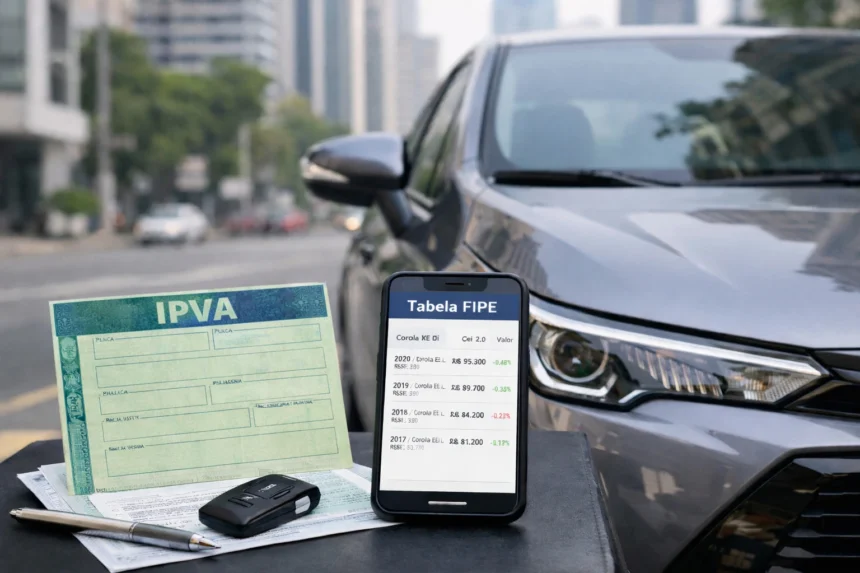 carro estacionado com o documento do veículo e um celular exibindo uma tabela de preços automotivo