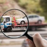 Imagem ilustrativa de um caminhão guincho transportando um veículo na esteira, representando remoção de veículo.”