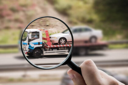 Imagem ilustrativa de um caminhão guincho transportando um veículo na esteira, representando remoção de veículo.”