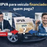 Ilustração sobre IPVA para veículo financiado mostrando banco e proprietário com carro e documentos, questionando quem deve pagar o imposto em 2026.