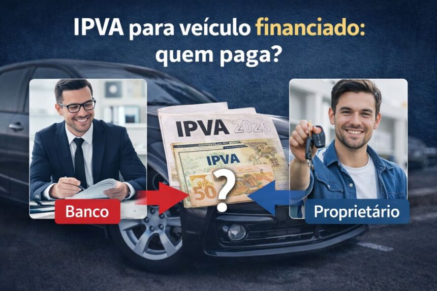 Ilustração sobre IPVA para veículo financiado mostrando banco e proprietário com carro e documentos, questionando quem deve pagar o imposto em 2026.