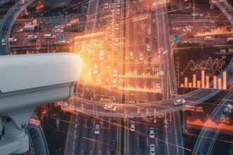 Painel digital mostrando monitoramento urbano em tempo real em uma cidade