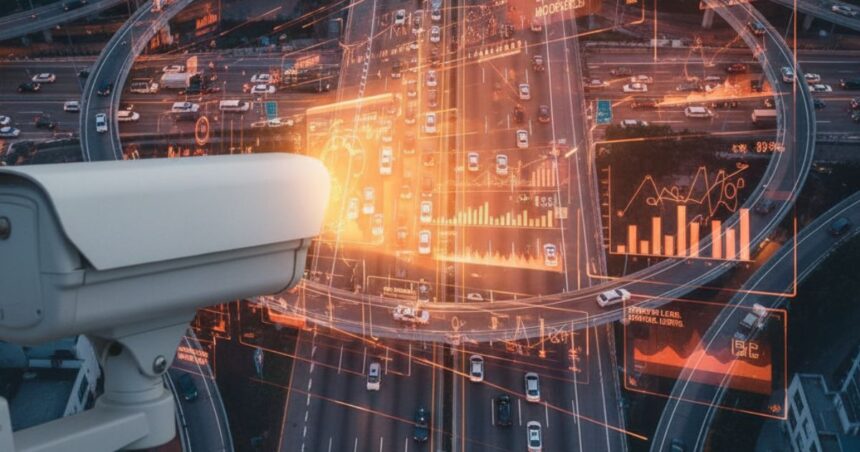 Painel digital mostrando monitoramento urbano em tempo real em uma cidade