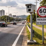rodovia urbana com radar fixo visível e placa de sinalização de limite de velocidade ao lado.