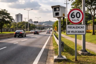 rodovia urbana com radar fixo visível e placa de sinalização de limite de velocidade ao lado.