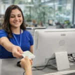 Jovem atendente entrega CNH Provisória a motorista em balcão de atendimento
