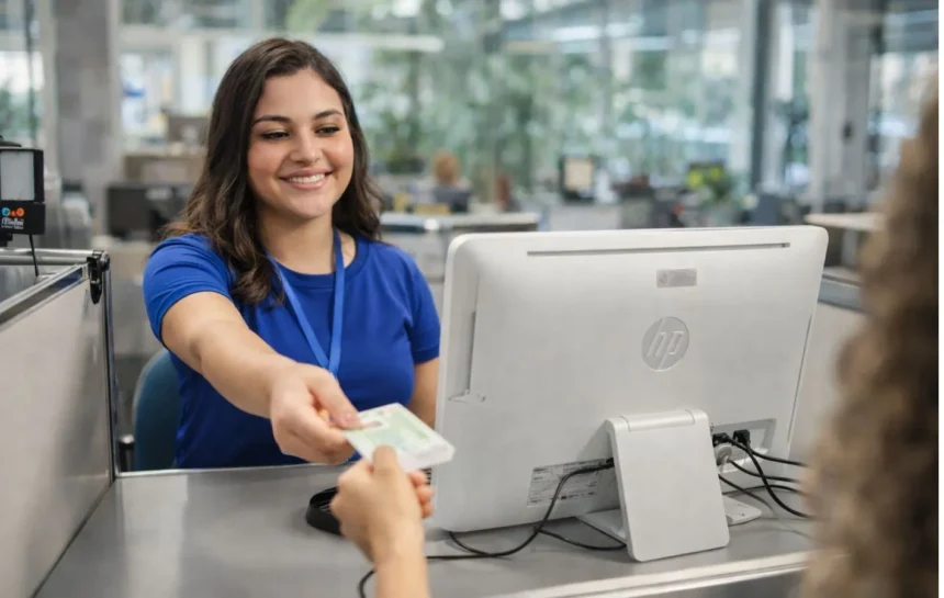 Jovem atendente entrega CNH Provisória a motorista em balcão de atendimento