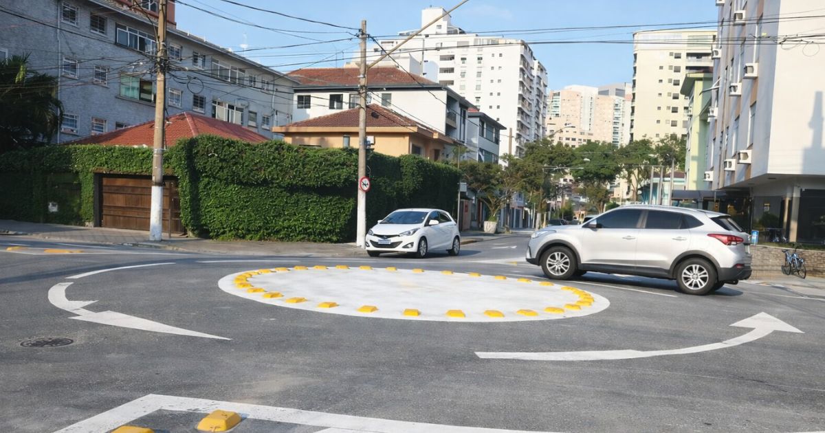 Mini rotatória urbana em cruzamento residencial com carros circulando e sinalização horizontal visível indicando sentido obrigatório