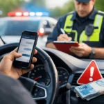 Motorista segurando um celular enquanto dirige é abordado por um policial que anota uma multa ao lado do carro; no painel do veículo há um sinal de alerta e notas de dinheiro, representando o aumento do custo da multa por uso de celular ao volante.