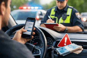 Motorista segurando um celular enquanto dirige é abordado por um policial que anota uma multa ao lado do carro; no painel do veículo há um sinal de alerta e notas de dinheiro, representando o aumento do custo da multa por uso de celular ao volante.