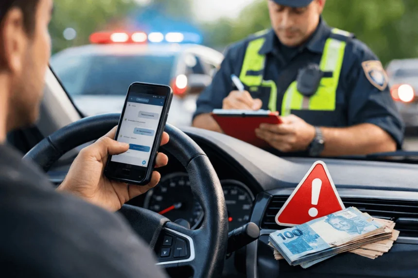 Motorista segurando um celular enquanto dirige é abordado por um policial que anota uma multa ao lado do carro; no painel do veículo há um sinal de alerta e notas de dinheiro, representando o aumento do custo da multa por uso de celular ao volante.