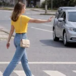 Mulher jovem atravessando a faixa de pedestres em avenida urbana enquanto um carro com motorista aguarda a travessia, demonstrando a prioridade do pedestre no trânsito.