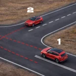 Dois carros vermelhos em um cruzamento mostrando a trajetória de um veículo virando à esquerda enquanto outro segue em frente, ilustrando regra de preferência no trânsito.