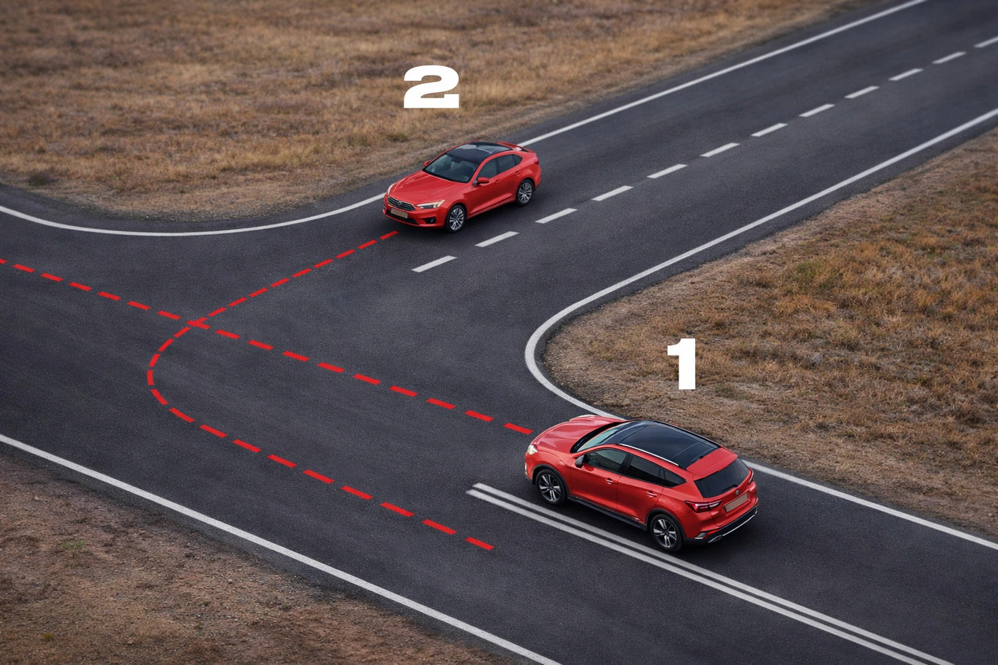 Dois carros vermelhos em um cruzamento mostrando a trajetória de um veículo virando à esquerda enquanto outro segue em frente, ilustrando regra de preferência no trânsito.