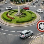 Rotatória urbana movimentada vista de cima com carros circulando ao redor da ilha central e placa de sinalização de rotatória indicando circulação obrigatória.