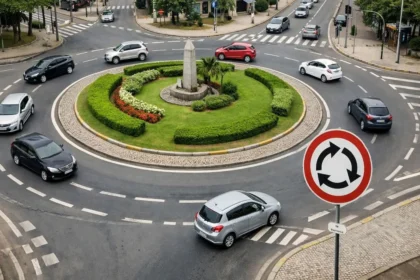 Rotatória urbana movimentada vista de cima com carros circulando ao redor da ilha central e placa de sinalização de rotatória indicando circulação obrigatória.