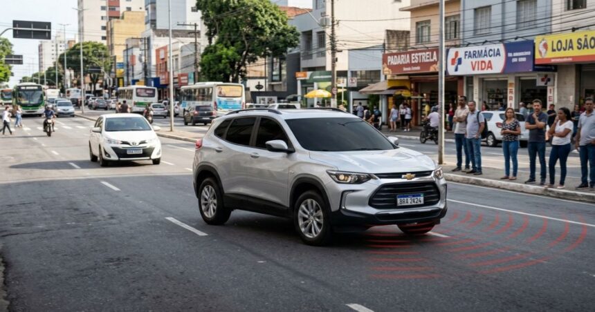 SUV prata com vidros fumê buzinando em uma avenida urbana. Ondas sonoras vermelhas gráficas emanam da grade frontal do veículo sobre o asfalto. Pedestres na calçada e trânsito organizado ao fundo sob luz do dia.