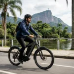 Um jovem profissional andando de bicicleta elétrica ao longo da Lagoa Rodrigo de Freitas, no Rio de Janeiro, demonstrando mobilidade urbana e vegetação exuberante.