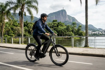Um jovem profissional andando de bicicleta elétrica ao longo da Lagoa Rodrigo de Freitas, no Rio de Janeiro, demonstrando mobilidade urbana e vegetação exuberante.