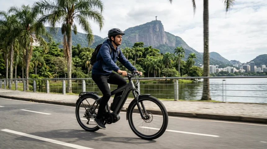 Um jovem profissional andando de bicicleta elétrica ao longo da Lagoa Rodrigo de Freitas, no Rio de Janeiro, demonstrando mobilidade urbana e vegetação exuberante.