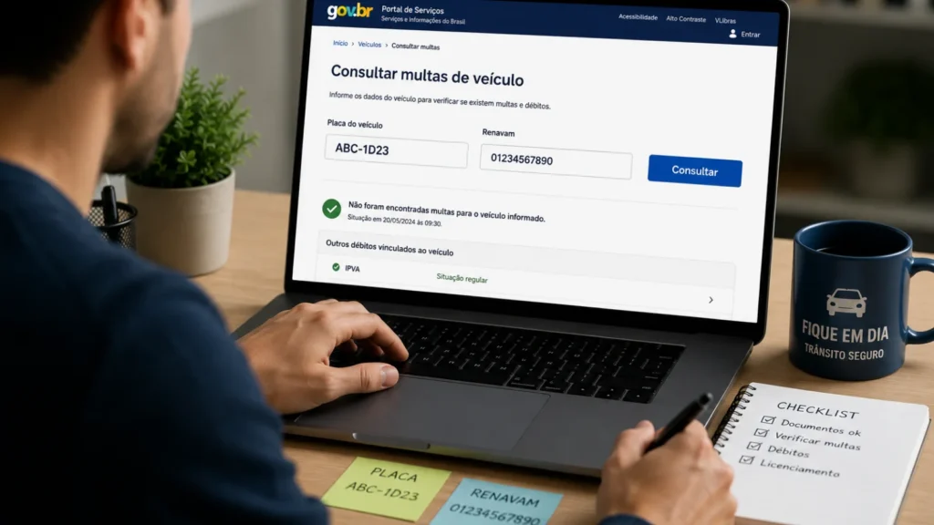 Pessoa consultando se um veículo possui multas em um portal oficial utilizando a placa e o Renavam.