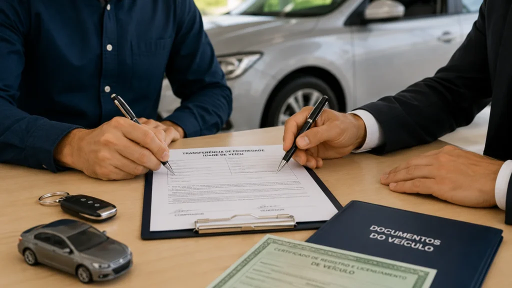 Comprador e vendedor assinando a documentação de transferência