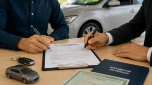 Comprador e vendedor assinando a documentação de transferência