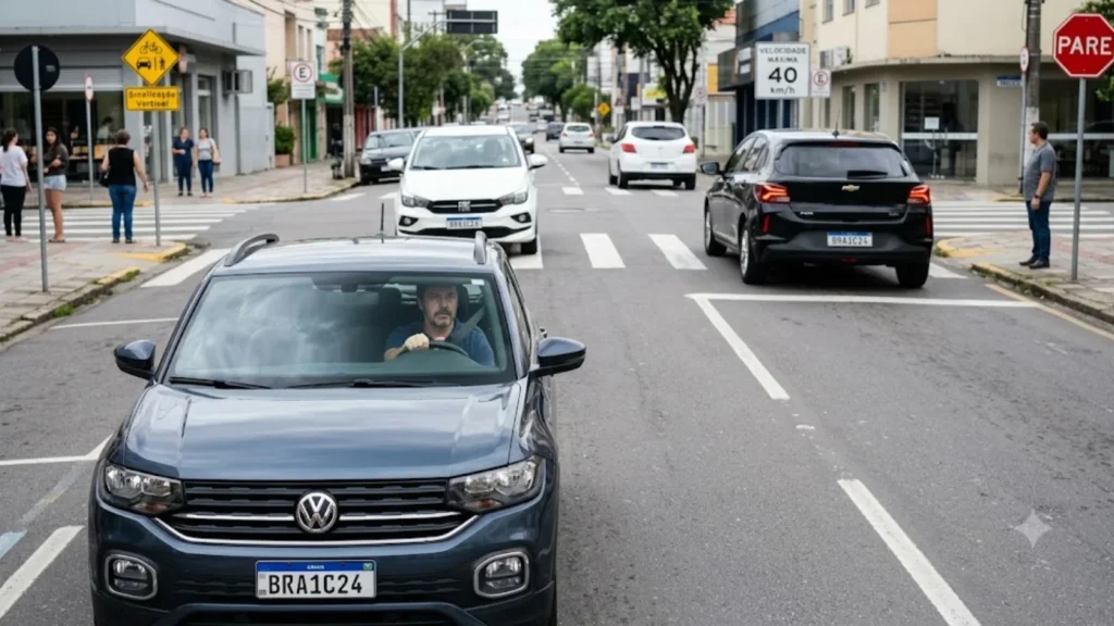 Foto realista de um motorista brasileiro praticando direção defensiva, mãos no volante, olhando atentamente a estrada, trânsito urbano seguro ao redor, placas de sinalização visíveis, cinto de segurança, clima de responsabilidade e prevenção de acidentes, iluminação natural, alta qualidade.