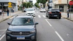 Foto realista de um motorista brasileiro praticando direção defensiva, mãos no volante, olhando atentamente a estrada, trânsito urbano seguro ao redor, placas de sinalização visíveis, cinto de segurança, clima de responsabilidade e prevenção de acidentes, iluminação natural, alta qualidade.