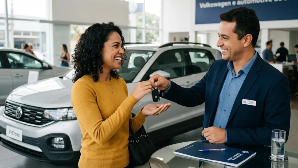 Foto realista de uma negociação de venda de veículo no Brasil, vendedor entregando a chave de um carro para o comprador, documento de transferência sobre a mesa