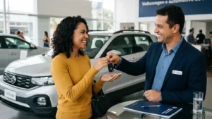 Foto realista de uma negociação de venda de veículo no Brasil, vendedor entregando a chave de um carro para o comprador, documento de transferência sobre a mesa