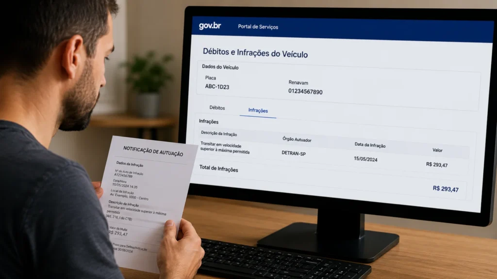 Motorista analisando uma notificação de multa de trânsito e os débitos do veículo em um portal oficial.