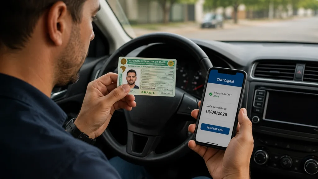 Motorista conferindo a data de validade da CNH para realizar a renovação