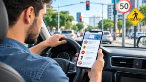 Motorista consultando informações sobre legislação de trânsito brasileira em uma via urbana