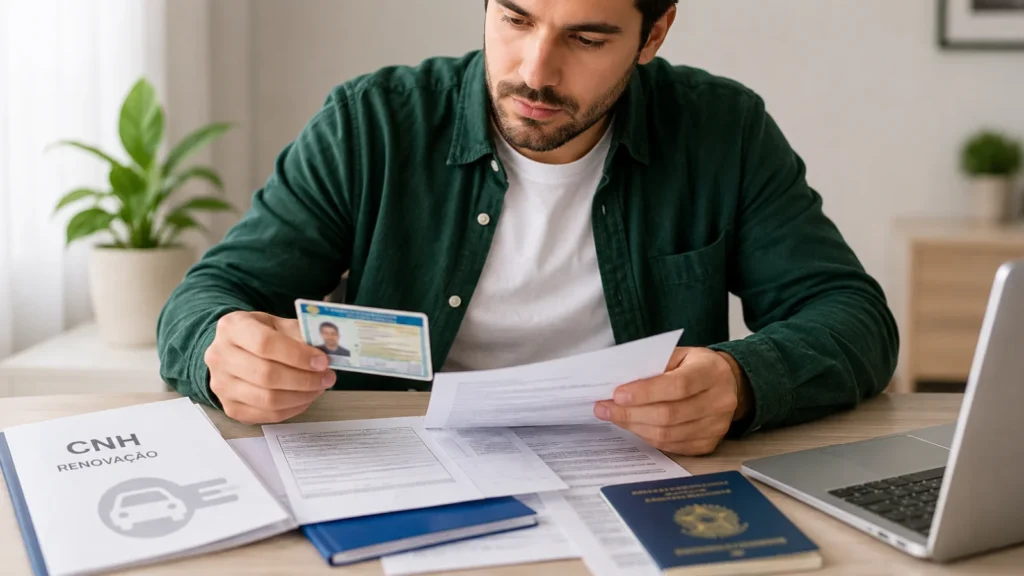 Motorista separando documentos necessários para renovar a CNH