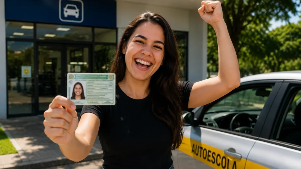 Pessoa comemorando a aprovação na primeira habilitação ao lado de um carro de autoescola, segurando a carteira de motorista.