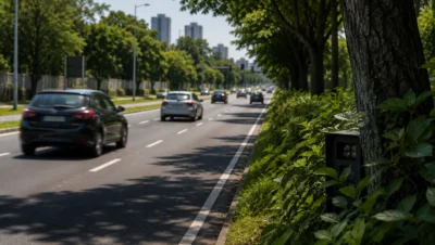 Radar de trânsito realizando fiscalização de velocidade em uma via