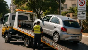 Veículo sendo removido por guincho de fiscalização de trânsito após retenção em via pública.
