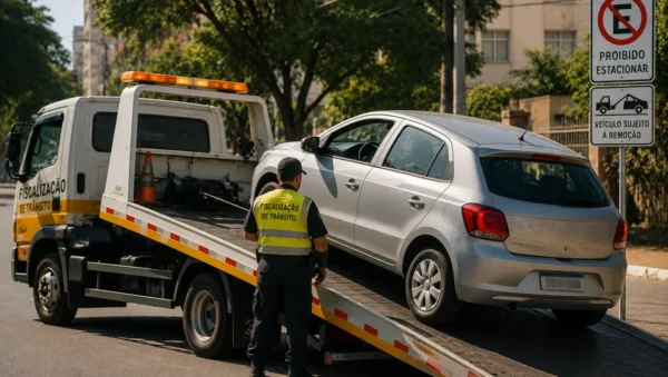 Veículo sendo removido por guincho de fiscalização de trânsito após retenção em via pública.